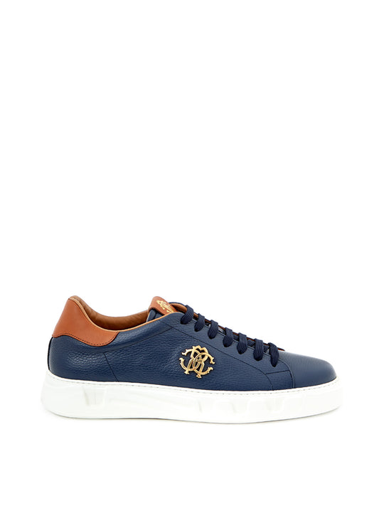Roberto Cavalli Elegant Blue Leather Sneakers with Gold Accents