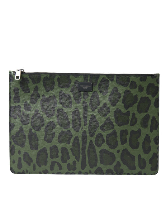 Dolce & Gabbana Elegant Green Leopard Print Calf Leather Clutch